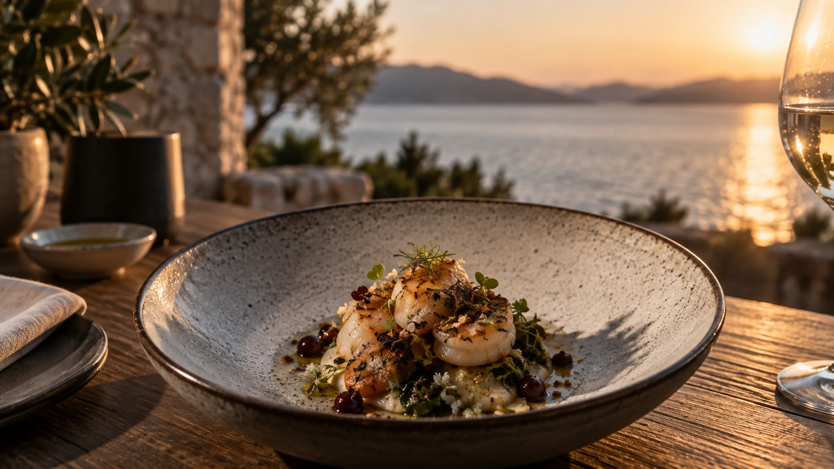 Refined Mediterranean dish at sunset